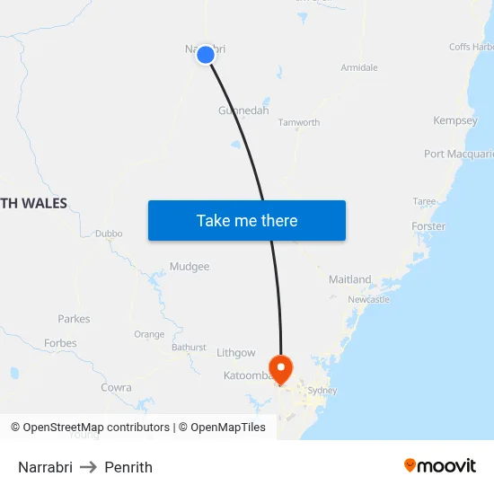 Narrabri to Penrith map