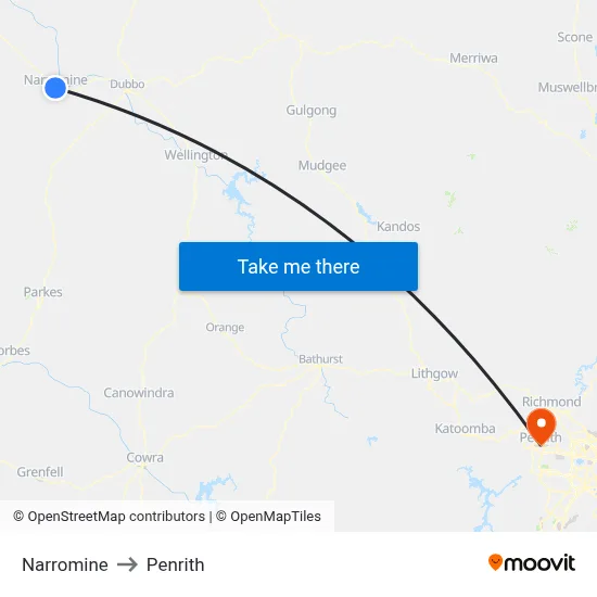 Narromine to Penrith map