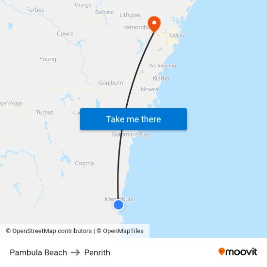 Pambula Beach to Penrith map