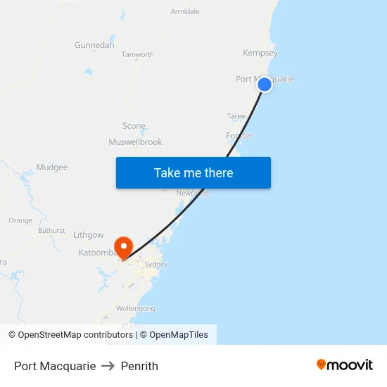 Port Macquarie to Penrith map