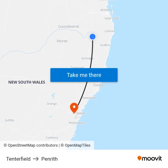 Tenterfield to Penrith map
