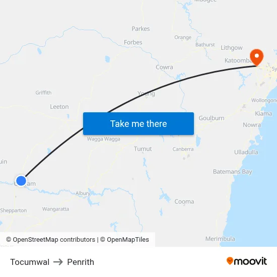 Tocumwal to Penrith map
