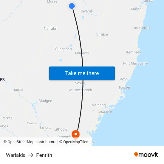 Warialda to Penrith map