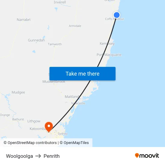 Woolgoolga to Penrith map