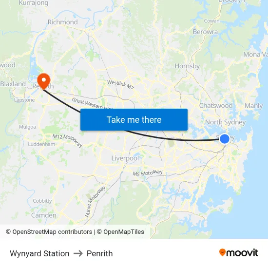 Wynyard Station to Penrith map