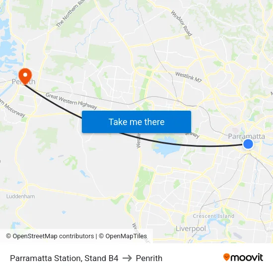 Parramatta Station, Stand B4 to Penrith map