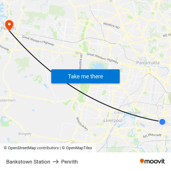 Bankstown Station to Penrith map