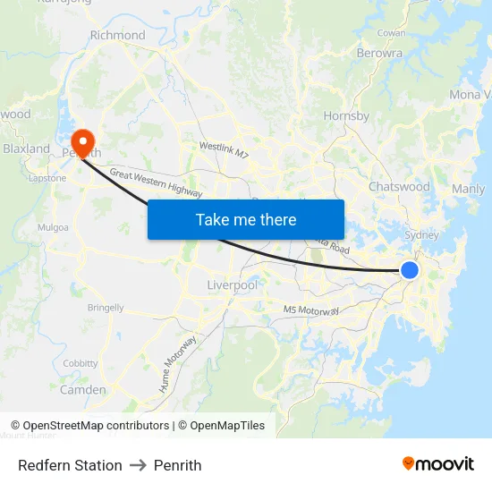 Redfern Station to Penrith map