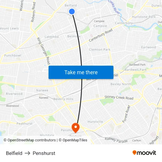 Belfield to Penshurst map