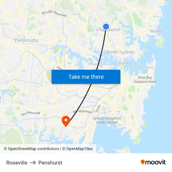Roseville to Penshurst map