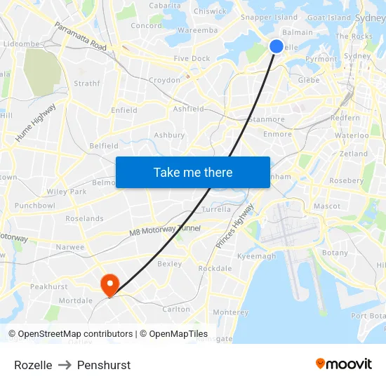 Rozelle to Penshurst map