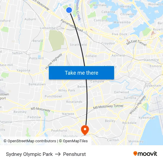 Sydney Olympic Park to Penshurst map