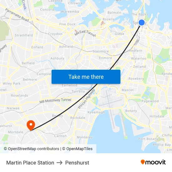 Martin Place Station to Penshurst map
