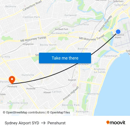 Sydney Airport SYD to Penshurst map