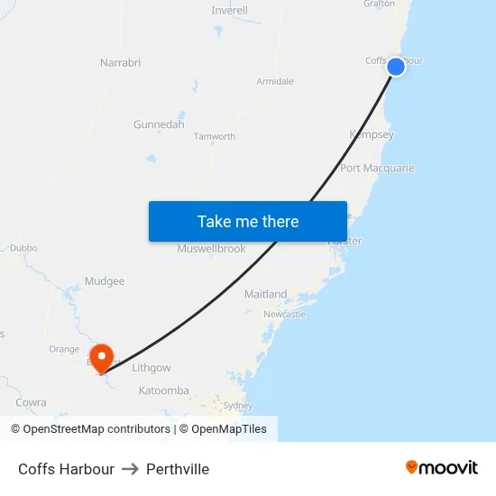 Coffs Harbour to Perthville map