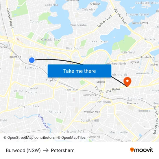Burwood (NSW) to Petersham map