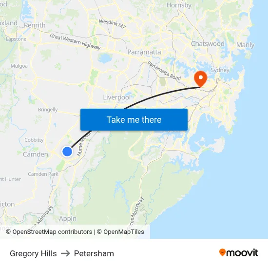 Gregory Hills to Petersham map
