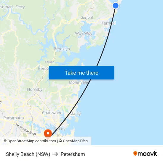 Shelly Beach (NSW) to Petersham map