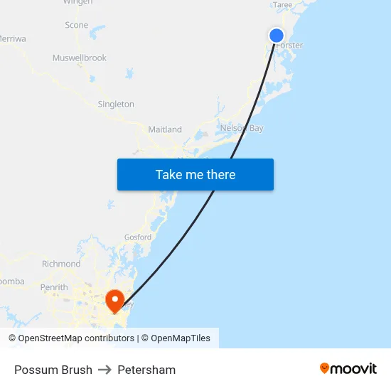Possum Brush to Petersham map