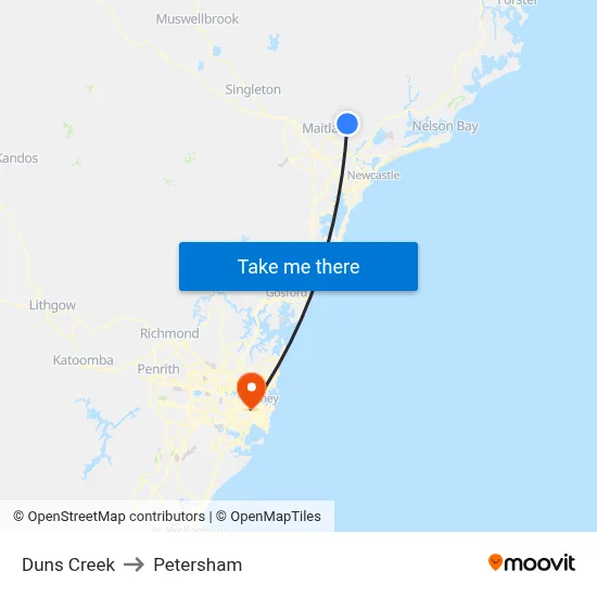 Duns Creek to Petersham map
