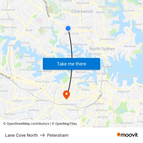Lane Cove North to Petersham map