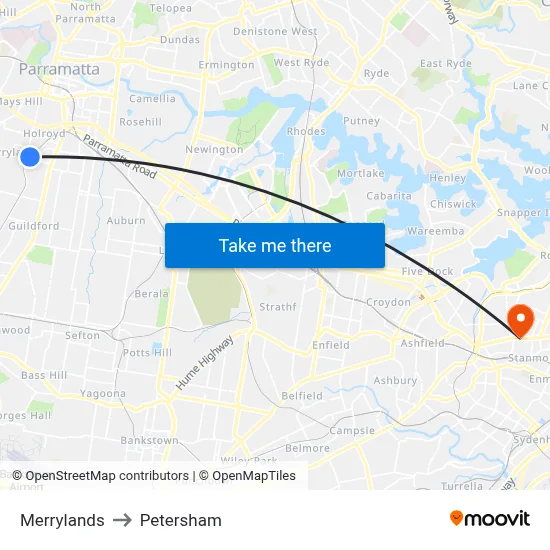 Merrylands to Petersham map