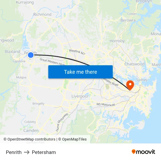 Penrith to Petersham map