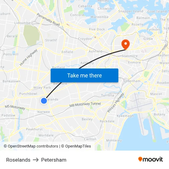 Roselands to Petersham map