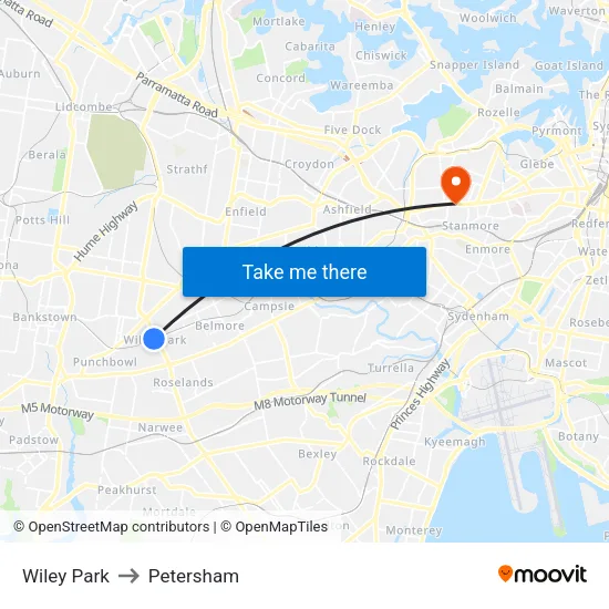 Wiley Park to Petersham map