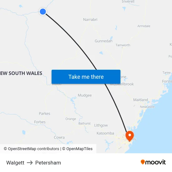 Walgett to Petersham map