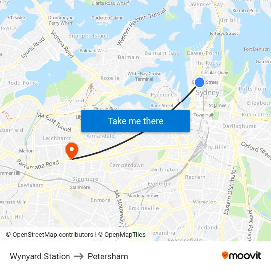 Wynyard Station to Petersham map