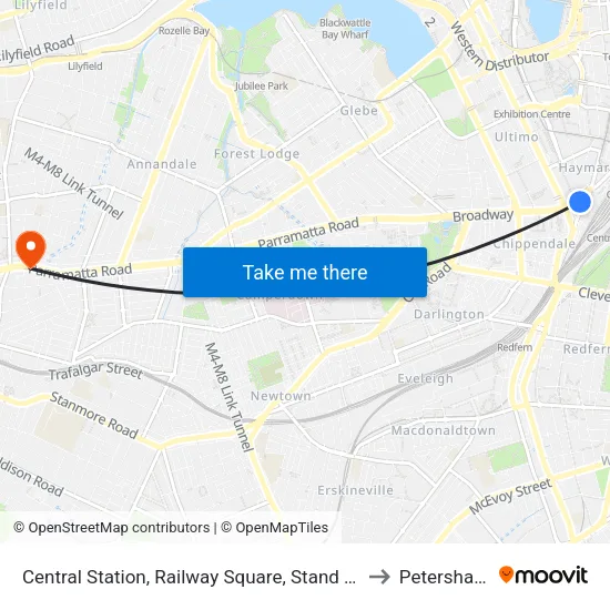 Central Station, Railway Square, Stand M to Petersham map