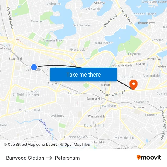 Burwood Station to Petersham map