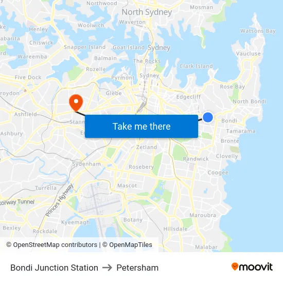 Bondi Junction Station to Petersham map