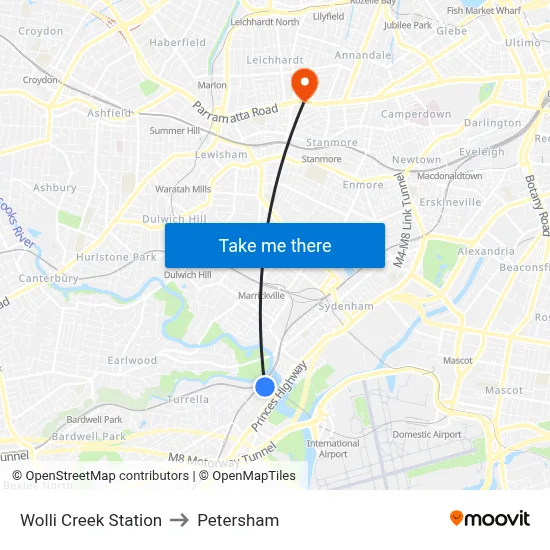Wolli Creek Station to Petersham map