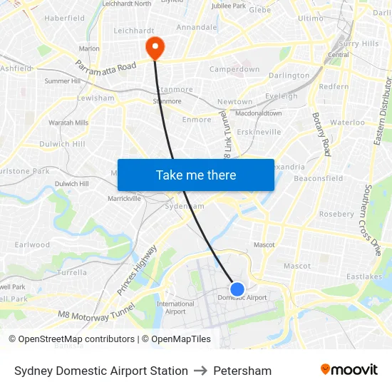 Sydney Domestic Airport Station to Petersham map