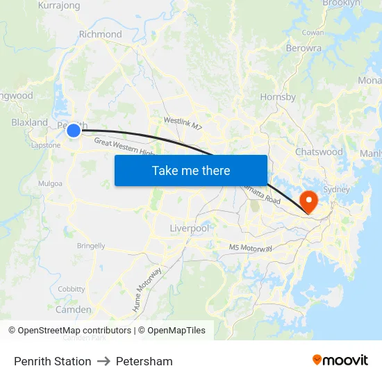 Penrith Station to Petersham map