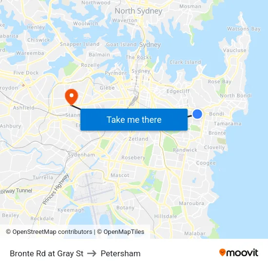 Bronte Rd at Gray St to Petersham map
