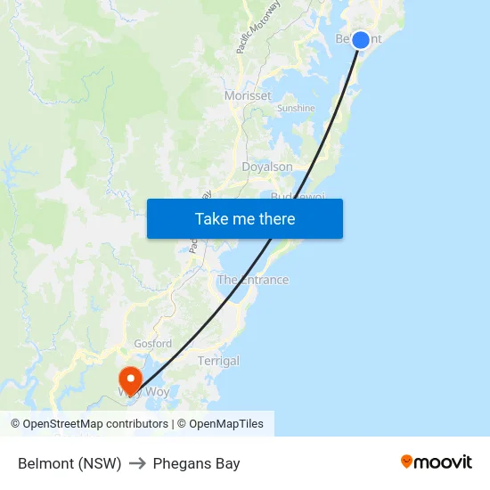 Belmont (NSW) to Phegans Bay map