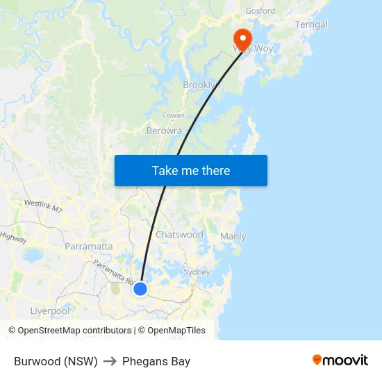 Burwood (NSW) to Phegans Bay map
