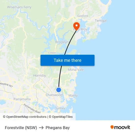 Forestville (NSW) to Phegans Bay map
