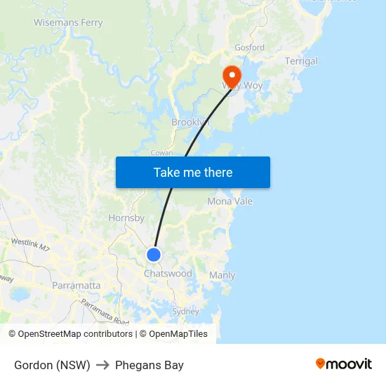 Gordon (NSW) to Phegans Bay map