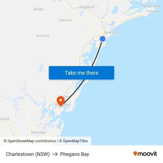 Charlestown (NSW) to Phegans Bay map