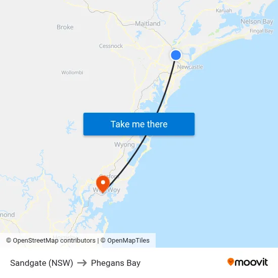 Sandgate (NSW) to Phegans Bay map