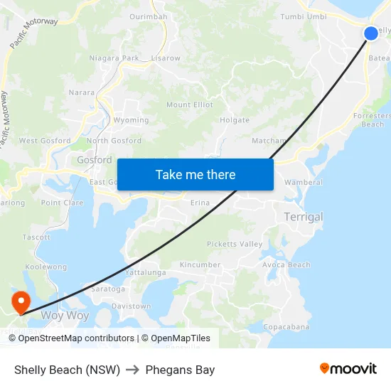 Shelly Beach (NSW) to Phegans Bay map