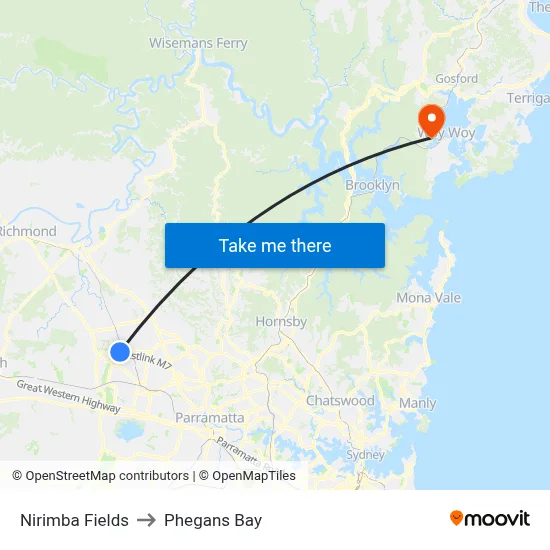 Nirimba Fields to Phegans Bay map