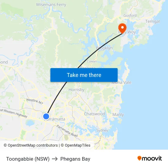 Toongabbie (NSW) to Phegans Bay map