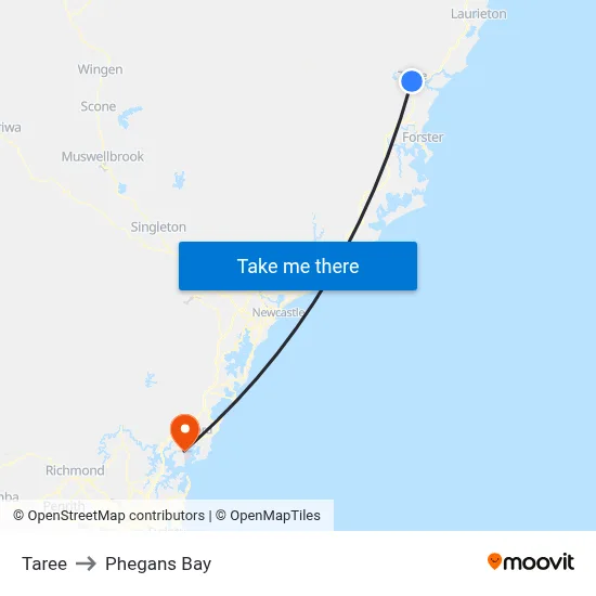 Taree to Phegans Bay map