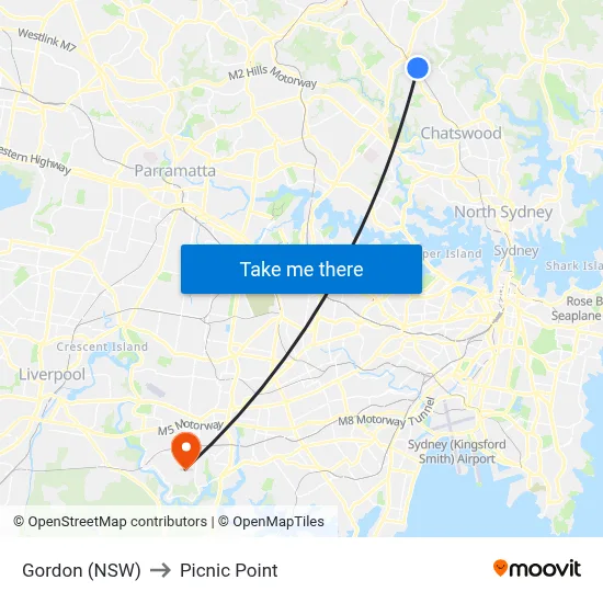 Gordon (NSW) to Picnic Point map