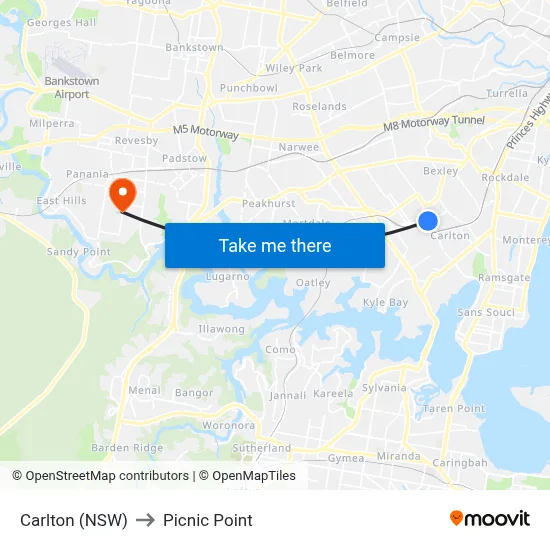 Carlton (NSW) to Picnic Point map